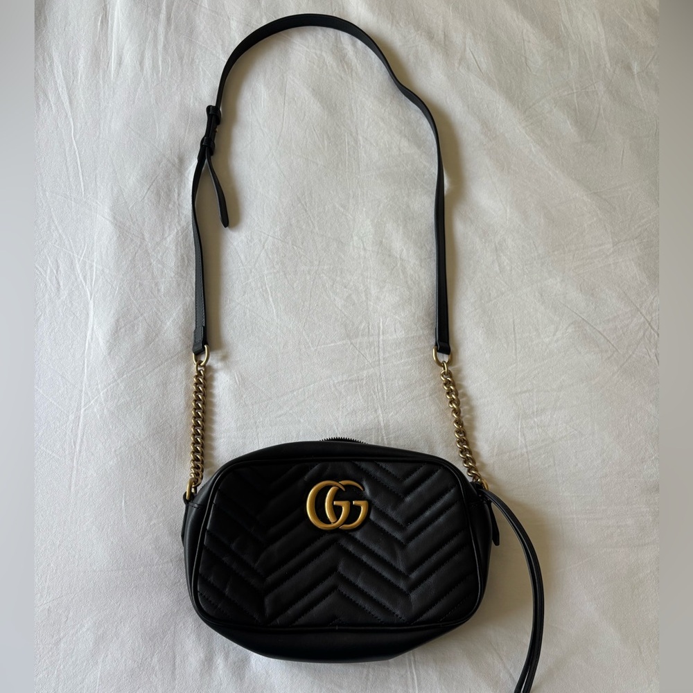 Gucci GG Marmont Black Crossbody Camera Bag with Gold Details